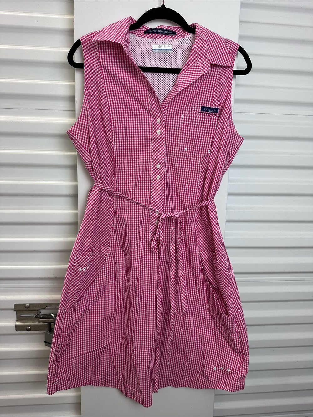 Columbia Pink Gingham Sleeveless Shirt Dress